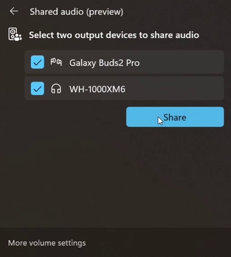 Screenshot of a computer interface showing options to share audio with two devices: Galaxy Buds2 Pro and WH-1000XM6. A blue "Share" button is highlighted.