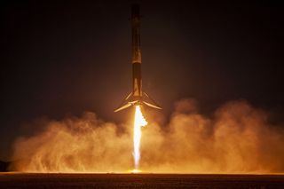 The Falcon 9's first stage lands safely back at Cape Canaveral about 8 minutes after liftoff on Jan. 31, 2022.