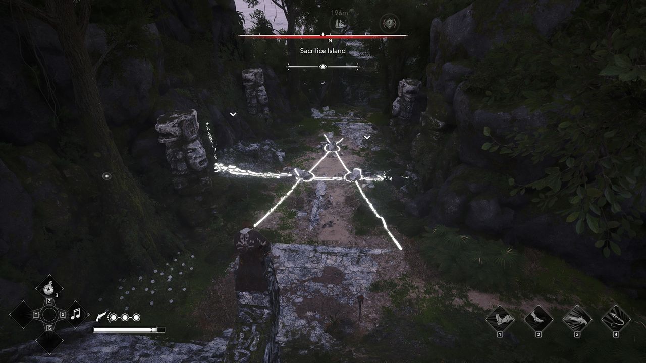 Black Flag Mayan stones: Edward crouched on top of the stele solving the puzzle in the ruins below.