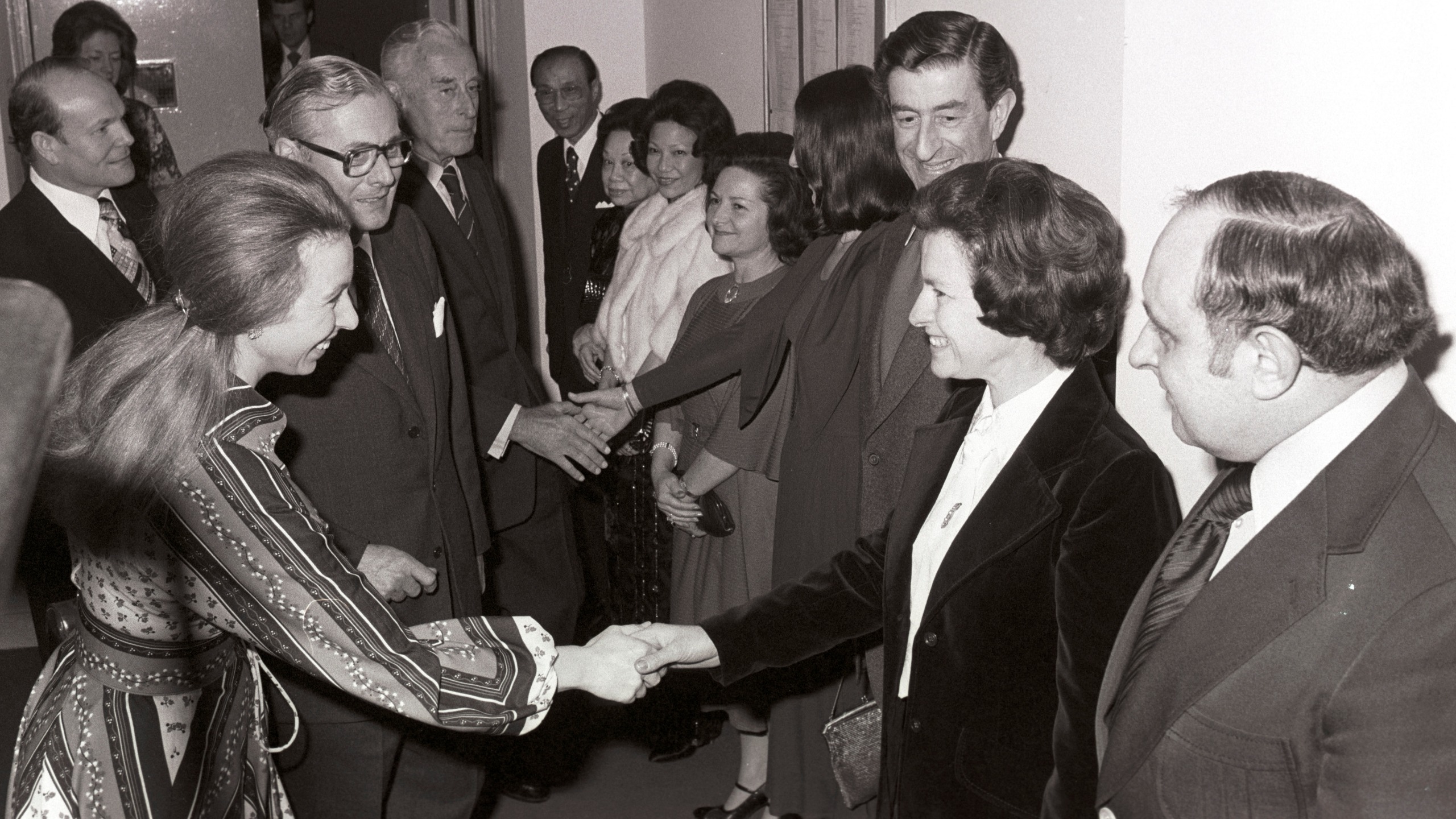Princess Anne shakes hands at The Run Run Shaw Theatre Opening at 195 Piccadilly, 8 March 1978
