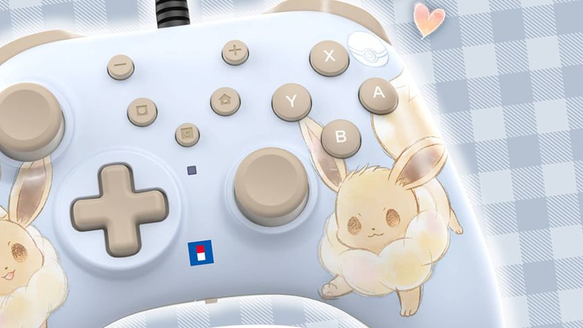 Close-up of the Horipad Turbo Eevee controller, which shows a gamepad with a light blue colorway and images of the Pokemon on either side.