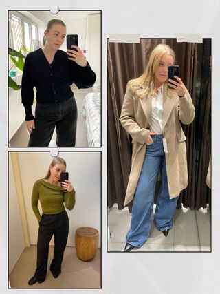 Collage of woman trying on black cardigan, black trousers and camel coat