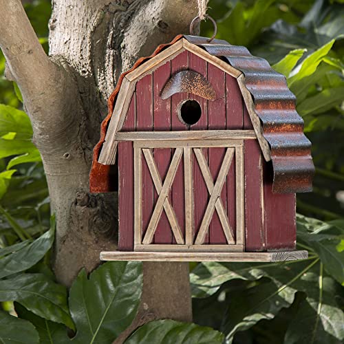Glitzhome 10.25" H Hanging Birdhouse Rustic Wooden Barn Garden Bird House for Outdoor