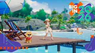 An anime-style character with their shibe in sunglasses, fishing on a dock in Starsand Island