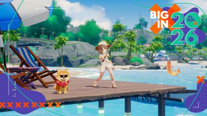 An anime-style character with their shibe in sunglasses, fishing on a dock in Starsand Island