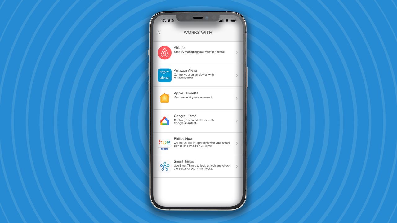iPhone screengrab showing a list of smart home services compatible with the Yale Linus Smart Lock L2 Lite