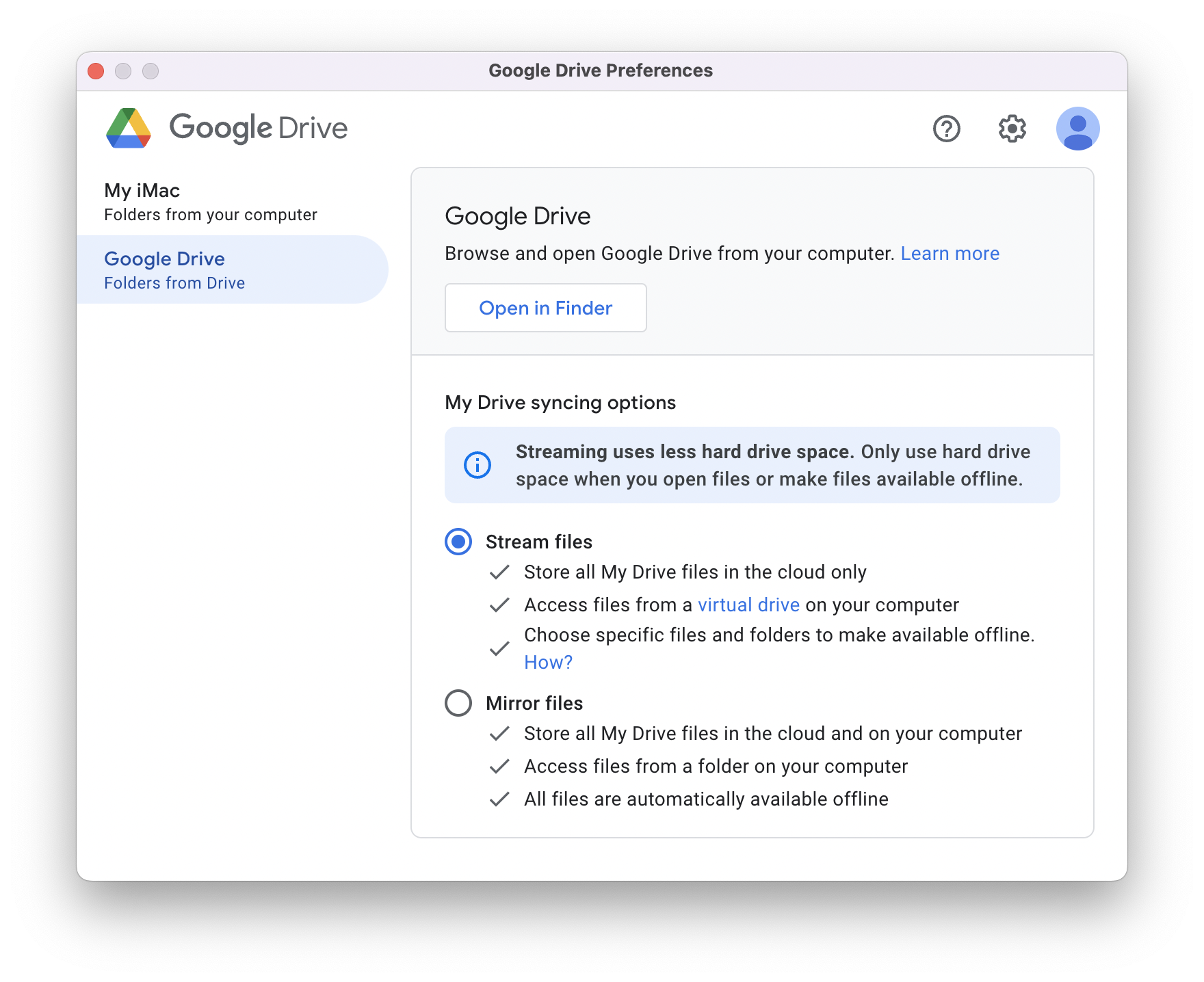 Configurações da área de trabalho do Google Drive