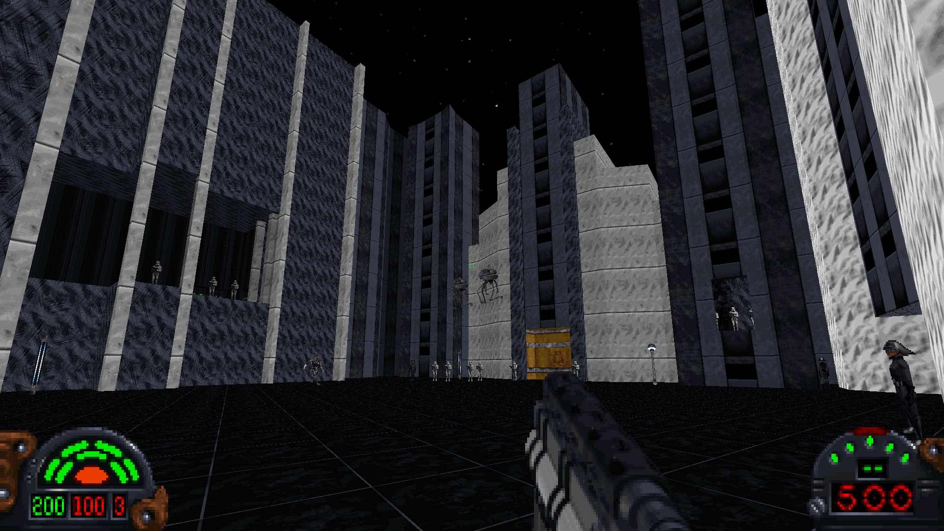 Looking upwards at buildings surrounded by Storm Troopers in Dark Forces