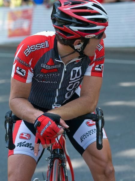 Andy Jacques-Maynes (Bissell) developed left inner-quad cramps, forcing him to stop in the feed zone for a moment and wait for it to release. He would rejoin the race.