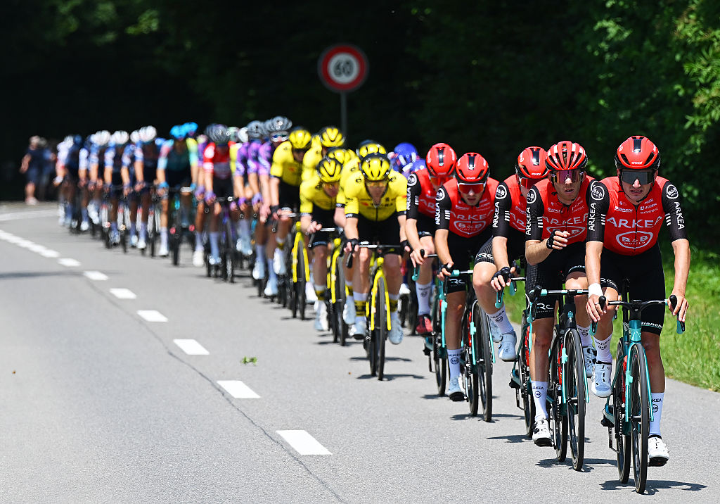 SCHWARZSEE, SWITZERLAND - JUNE 16: Ewen Costiou of France and Team Arkea - B&B Hotels leads the peloton during the 88th Tour de Suisse, Stage 2 a 177km stage from Aarau to Schwarzsee / #UCIWT / on June 16, 2025 in Schwarzsee, Switzerland. (Photo by Tim de Waele/Getty Images)