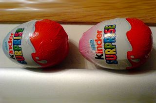 Color-coded Kinder eggs.