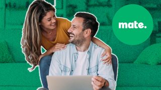 Man and woman sitting on sofa, the man is holding a laptop and both are smiling. The background has an added noise effect, is coloured in green and the Mate NBN logo is up to the right