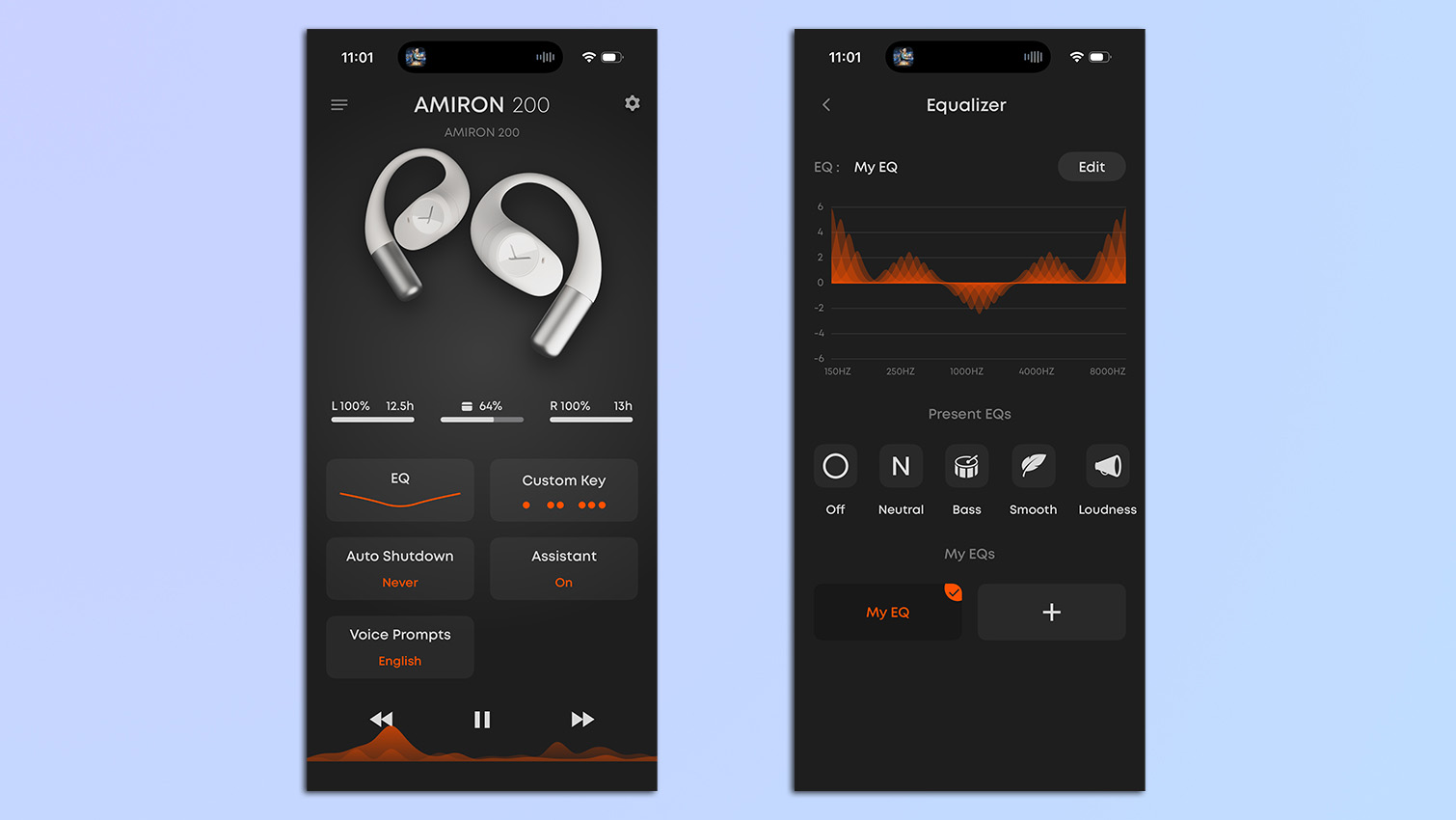 Screenshots taken from the Beyerdynamic app showing the EQ functions for the Beyerdynamic Amiron 200 earbuds