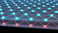 Illustration of excitons arranging into a solid pattern in bilayer graphene, depicted as blue and red dots forming a lattice