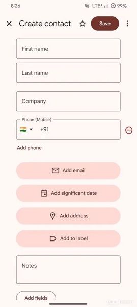 The "create contacts" page in Contacts places a few extra options on the page as pill-shaped icons.