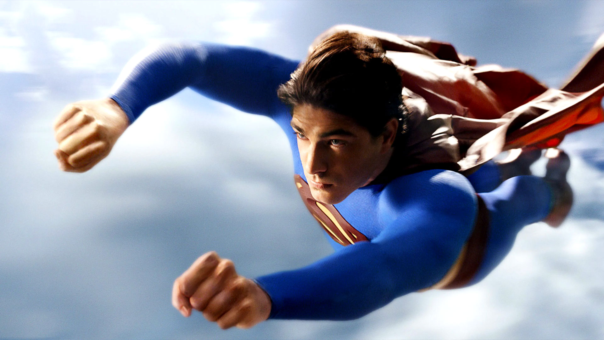 Brandon Routh's Kal-El flying through the air in Superman Returns