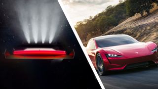 A teaser for the Tesla Roaster in 2026 next to the old version driving on the road