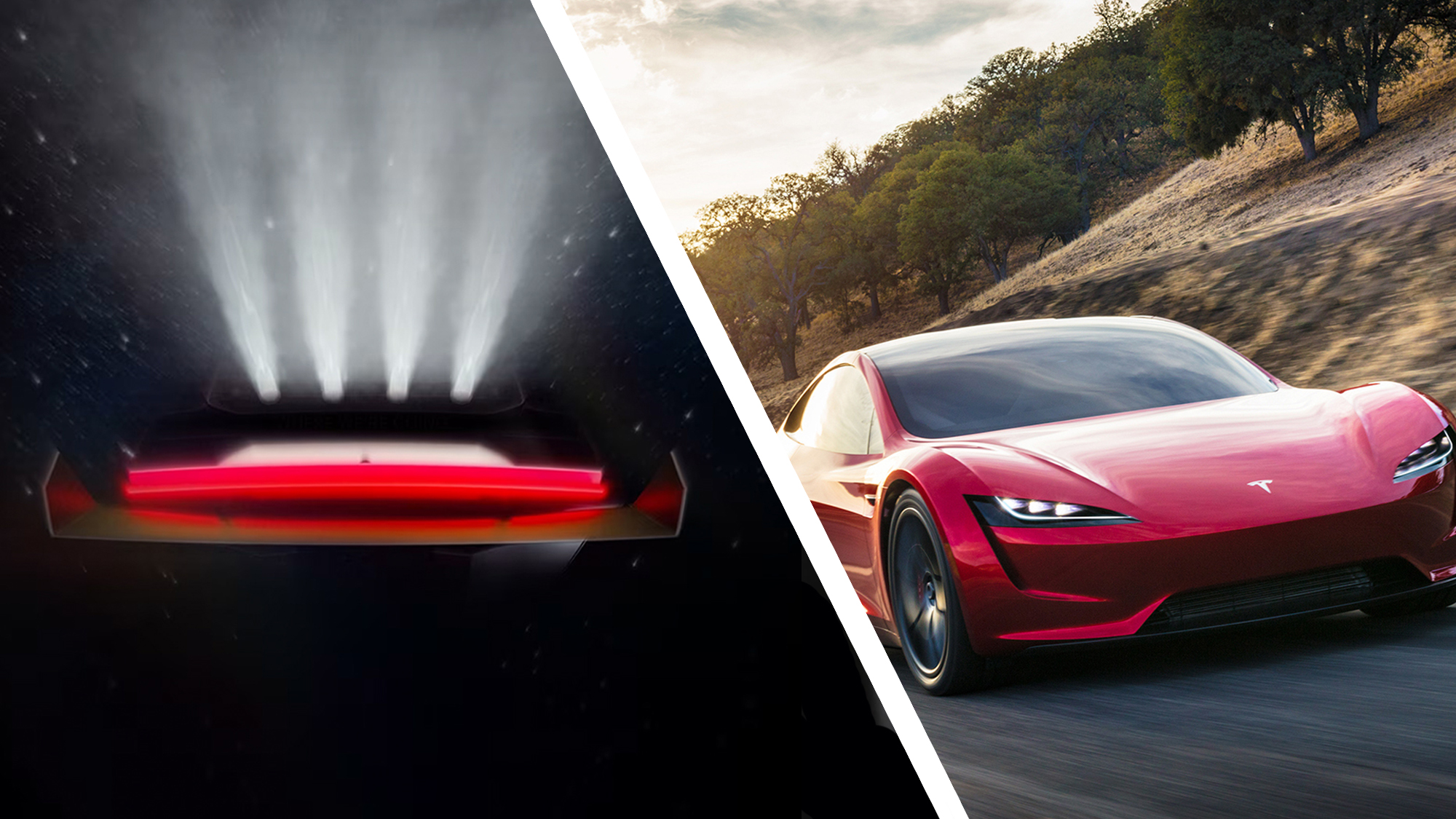 A teaser for the Tesla Roaster in 2026 next to the old version driving on the road