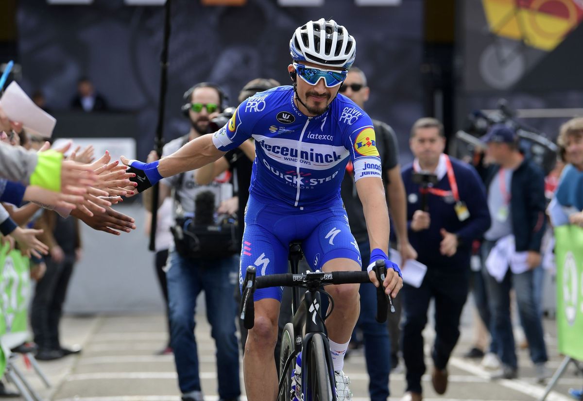 Julian Alaphilippe (Deceuninck-QuickStep) reports for duty at Fleche Wallonne.