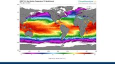A map showing sea surface temperatures as of April 13, 2023, with warm colors indicating higher temperatures.