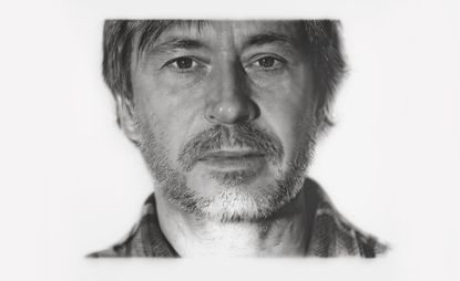 Detail of hyperrealist black and white portrait of designer Marc Newson