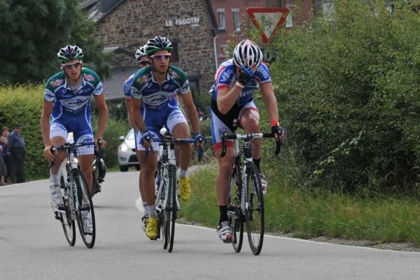 The day's breakaway:J&eacute;r&eacute;mie Galland and Guillaume Levarlet (Saur-Sojasun), Gr&eacute;gory Habeaux and Andy Capelle (Verandas Willems)