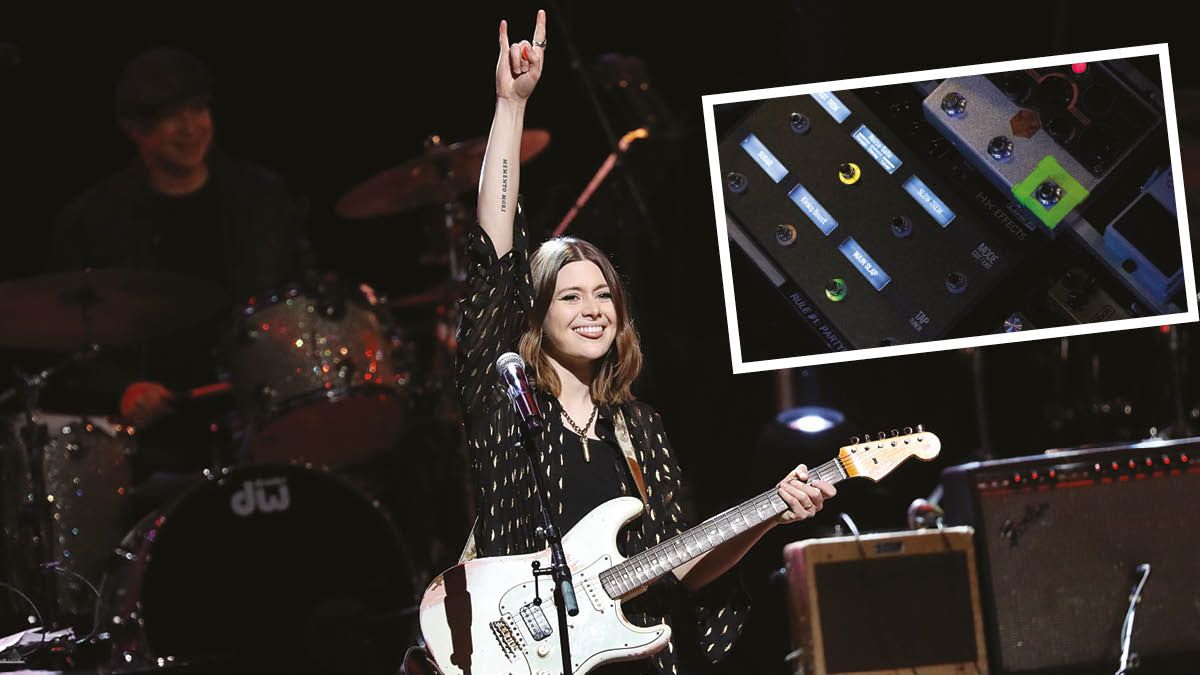 Rebecca Lovell and her pedalboard