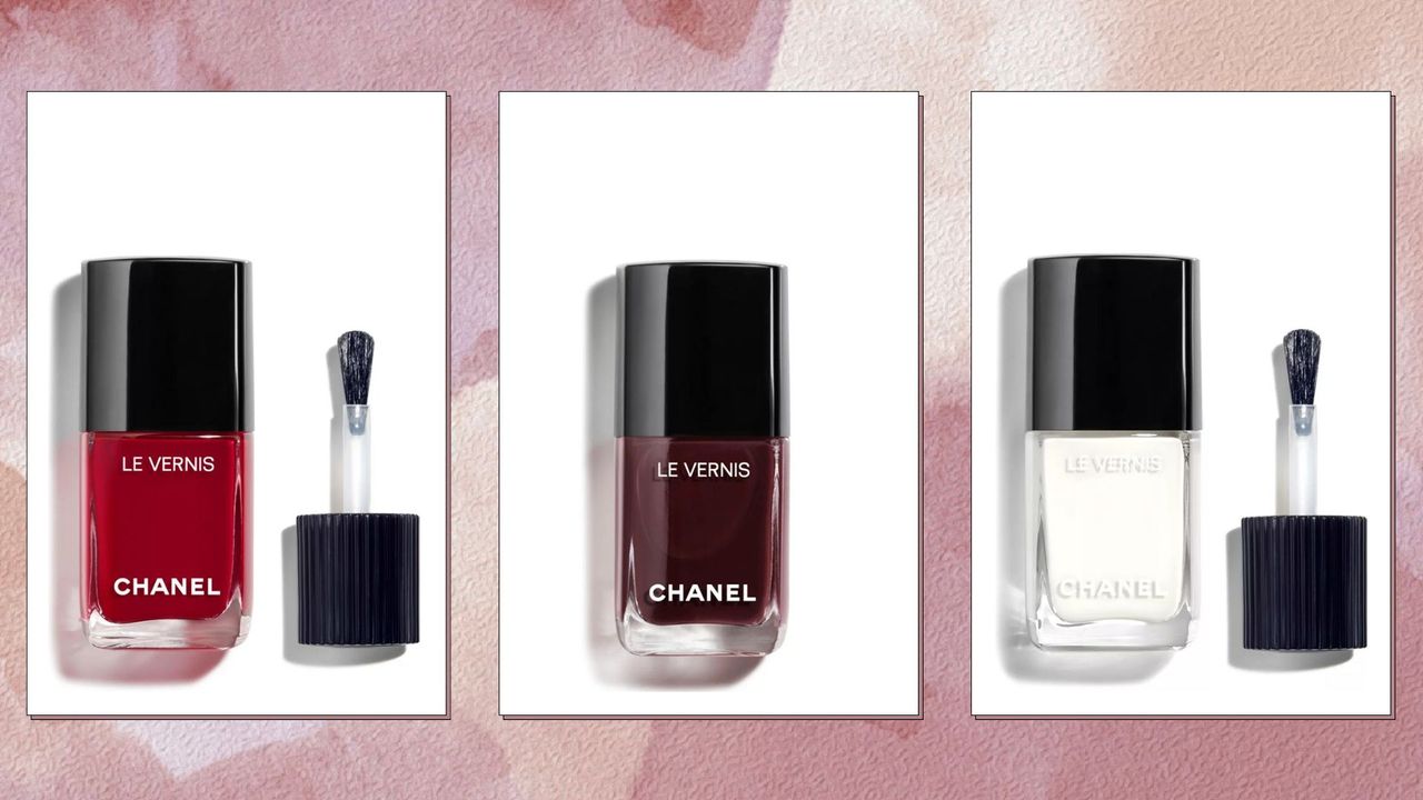 A selection of popular Chanel nail polishes including shades: Pompier, Rouge Noir and Insomniaque/ in a pink template