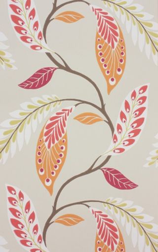 Fontibre Wallpaper with a painted foilage design in red, orange and green on a grey background