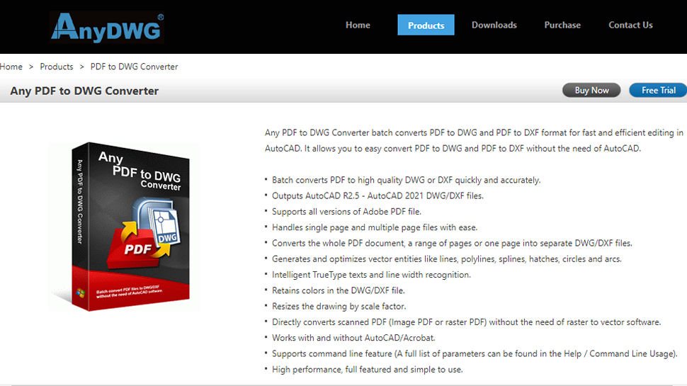 Website screenshot of AnyDWG PDF to DWG Converter