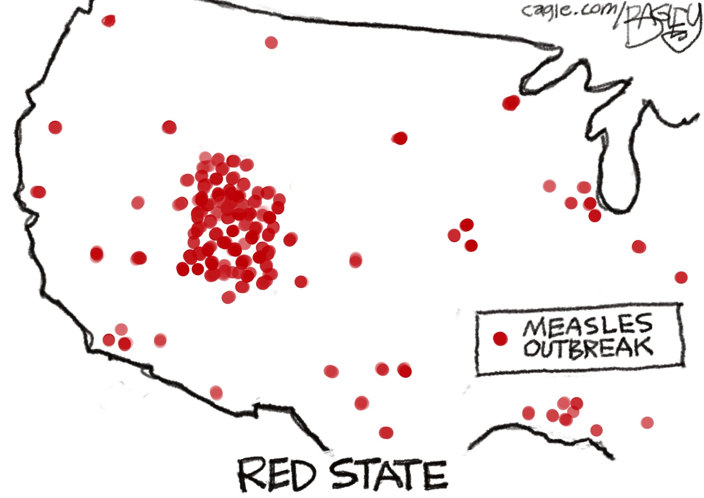 This cartoon is titled &amp;ldquo;RED STATE&amp;rdquo;. It shows a map of the United States with dots in certain places to indicate measles outbreaks. A big cluster of red dots is centered on Utah.