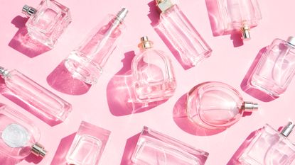 flatlay of perfume bottles on pink background