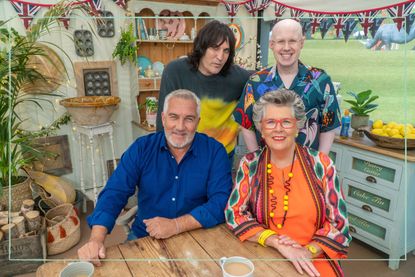 Noel Fielding, Matt Lucas, Paul Hollywood and Prue Leith photographed in the tent where Bake Off is filmed