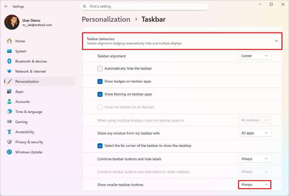Enable Taskbar smaller icons