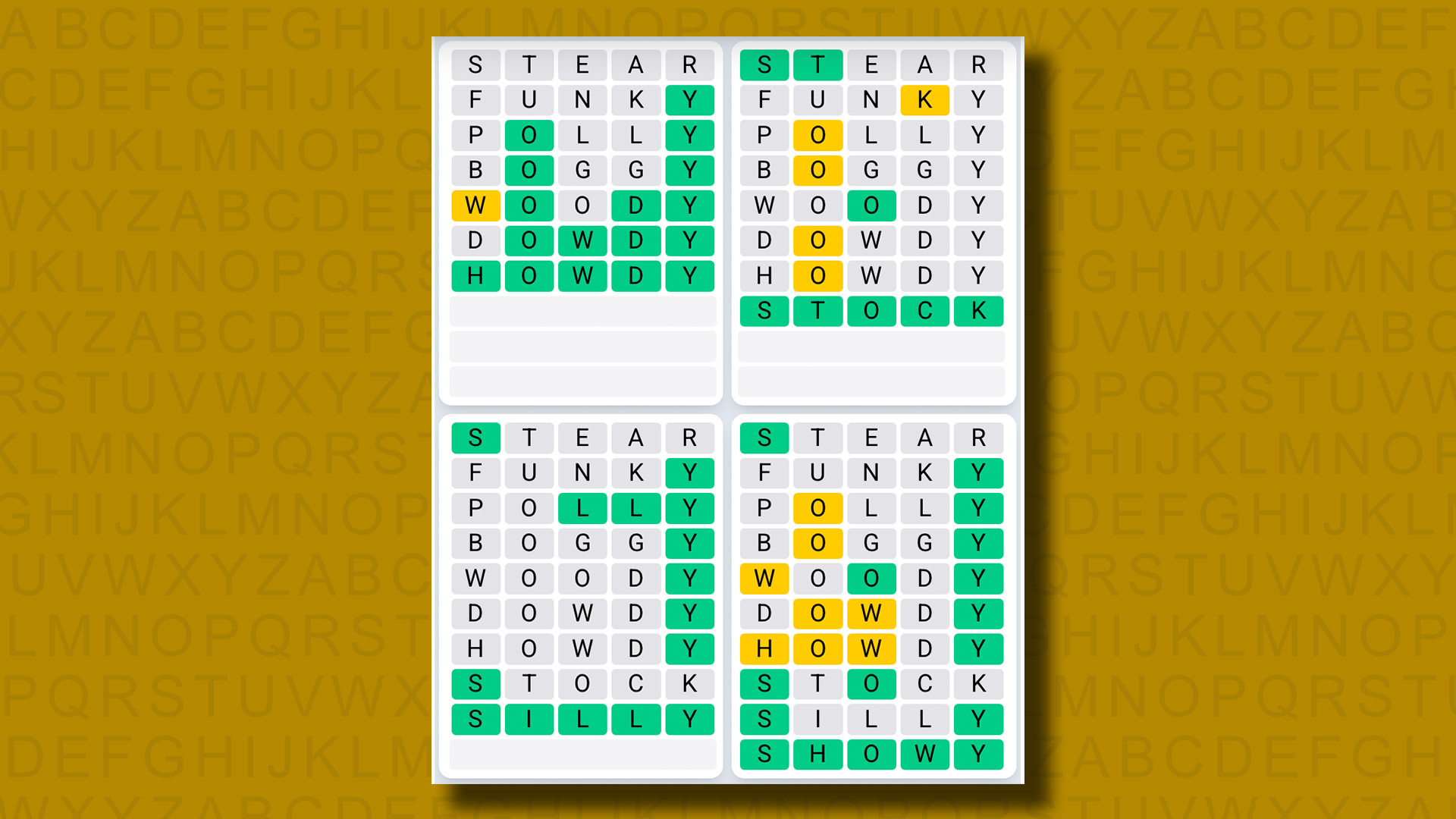 Quordle Daily Sequence answers for game 1213 on a yellow background