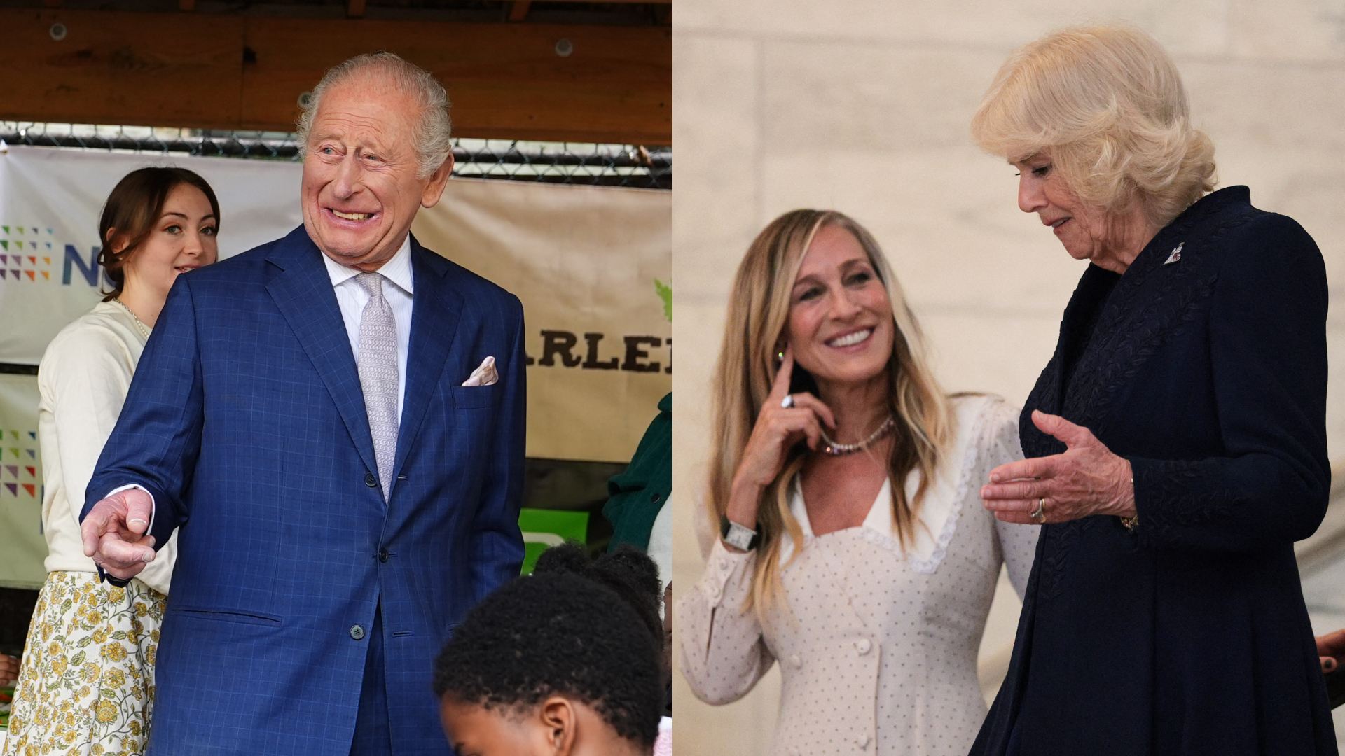 Queen Camilla talking to Sarah Jessica Parker; King Charles wearing a blue suit and laughing