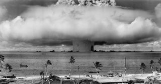 The "Baker" explosion, part of Operation Crossroads, a nuclear weapon test by the United States military at Bikini Atoll, Micronesia, on 25 July 1946.