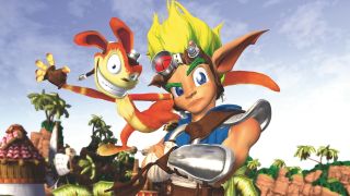 The characters of Jak and Daxter posed looking forward
