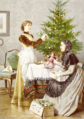 Victorian women decorate the christmas tree