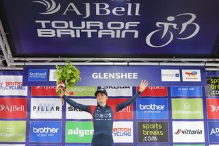 Picture by Alex WhiteheadSWpixcom 04092022 Cycling 2022 AJ Bell Tour of Britain Stage 1 Aberdeen to Glenshee Ski Centre Scotland Tom Pidcock of Team INEOS Grenadier on the podium taking the Best British Rider Award