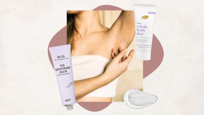 Collage of close up of woman's underarm surrounded by a swatch of product and AKT and Dove full body deodorants, set in front of an abstract dark pink shape and against an off-white background 
