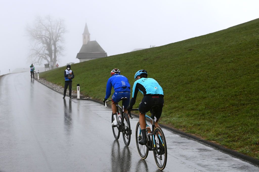 LIENZ AUSTRIA APRIL 22 LR Thibaut Pinot of France and Team Groupama FDJ and David De La Cruz Melgarejo of Spain and Team Astana Qazaqstan compete in the breakaway during the 45th Tour of the Alps 2022 Stage 5 a 1145km stage from Lienz to Lienz TouroftheAlps on April 22 2022 in Lienz Austria Photo by Tim de WaeleGetty Images