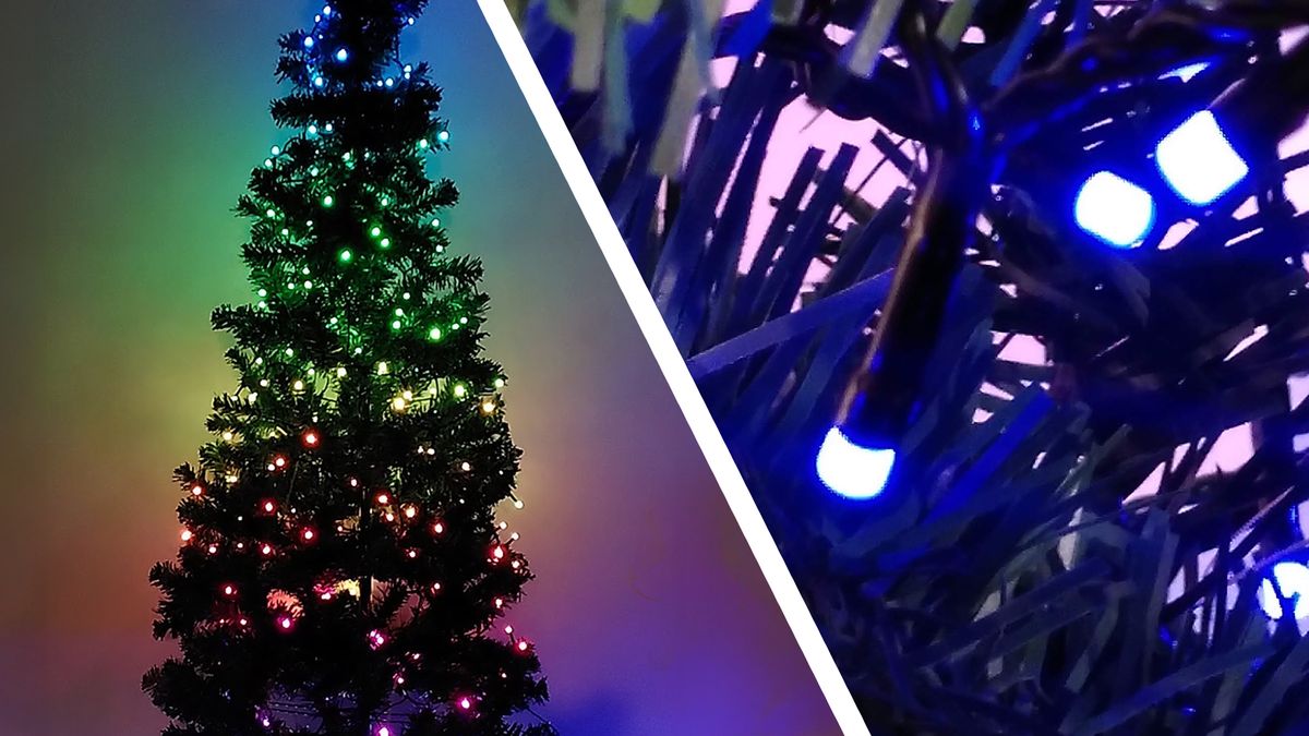 Twinkly Strings lights on a Christmas tree (left) and up close (right)