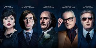 Lady Gaga, Adam Driver, Jared Leto, Jeremy Irons, and Al Pacino on the House of Gucci banner.