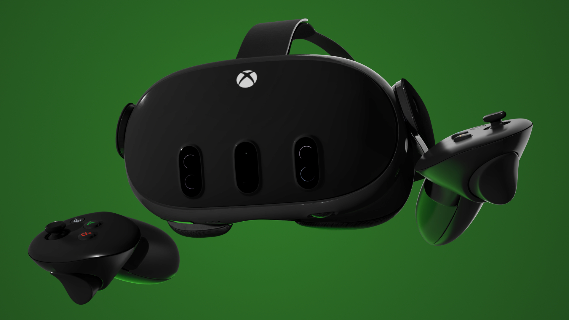 A 3D render of an Xbox-branded Meta Quest 3 VR/MR headset and Touch Plus controllers showcasing an all-black design with Xbox-themed colored buttons and an Xbox logo on the front.