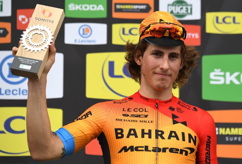 Bahrain McLaren Spanish rider Ivan Garcia Cortina celebrates on the podium after winning the 2125 km 3rd stage of the 78th Paris Nice cycling race stage between ChalettesurLoing and La Chatre on March 10 2020 Photo by Alain JOCARD AFP Photo by ALAIN JOCARDAFP via Getty Images