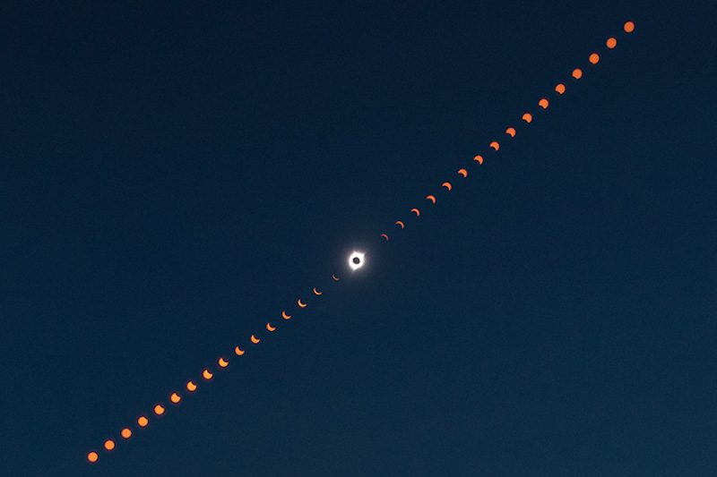 This composite image shows the progression of a total solar eclipse over Madras, Oregon, on Aug. 21, 2017.