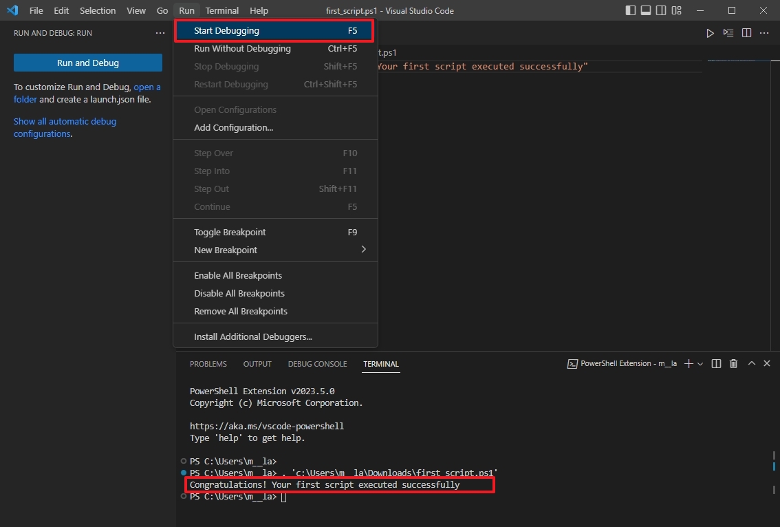 Run PowerShell script on Visual Studio Code