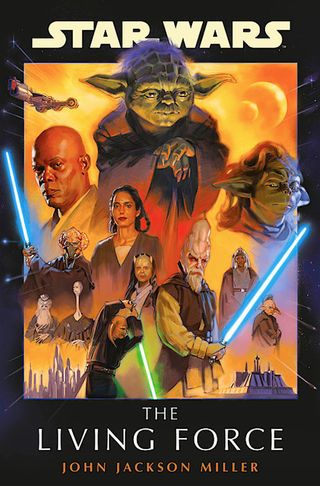 illustrations from the cover of the book "star wars: the living force," showing 12 star wars characters against a yellow-sky backdrop