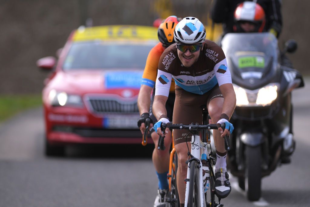 LA CTESAINTANDR FRANCE MARCH 12 Alexis Gougeard of France and Team AG2R La Mondiale Jan Tratnik of Slovenia and Team Bahrain Mclaren Breakaway during the 78th Paris Nice 2020 Stage 5 a 227 km stage from Gannat to La CteSaintAndr on ParisNice parisnicecourse PN March 12 2020 in La Cote France Photo by Luc ClaessenGetty Images